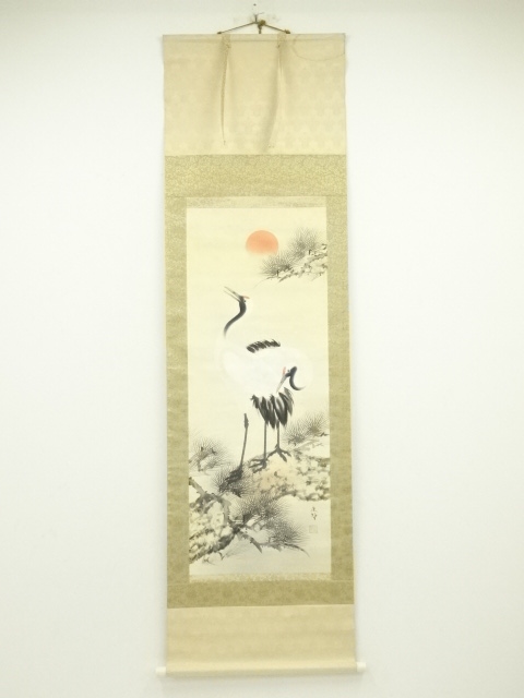 JAPANESE HANGING SCROLL / HAND PAINTED / PINE WITH CRANES
